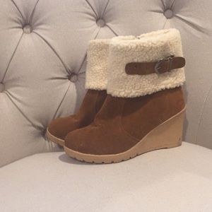 camel color faux suede and shearling boots